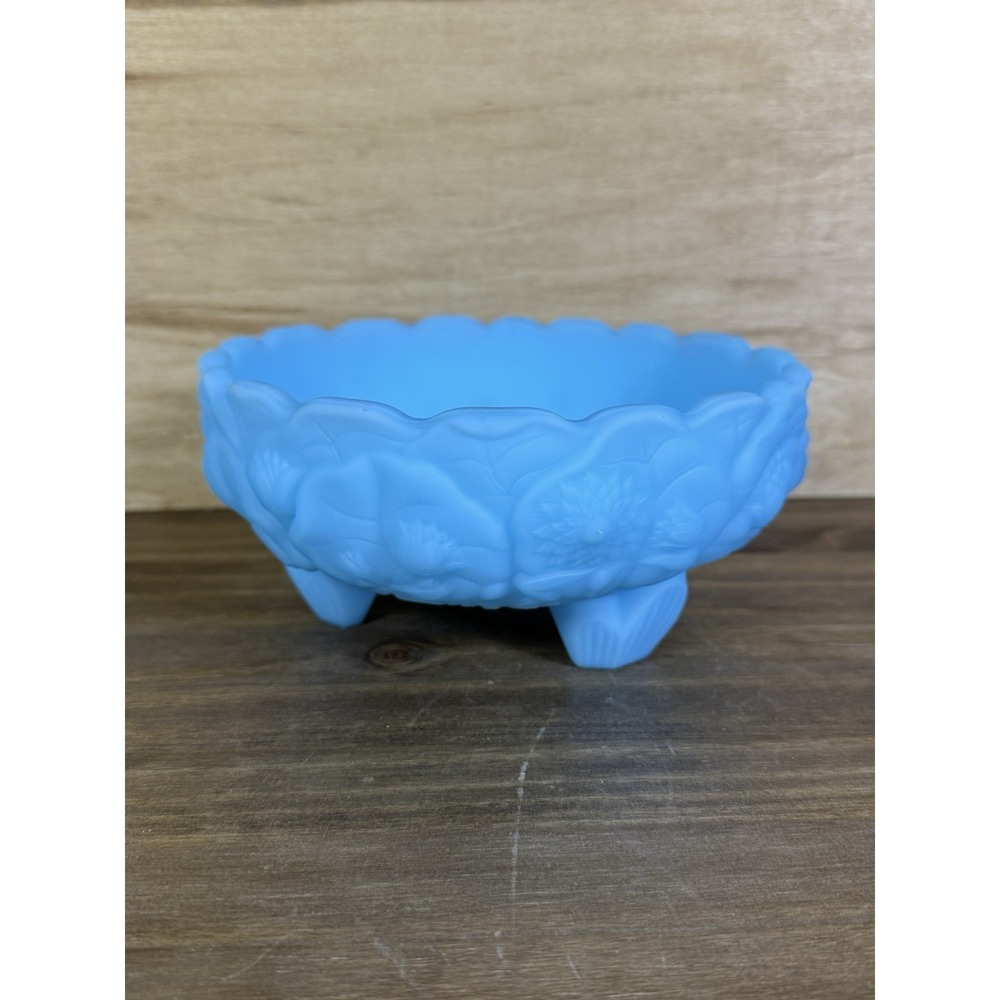 Fenton Blue Satin‎ Glass Footed Bowl Embossed Floral Vintage 6" Candy Dish